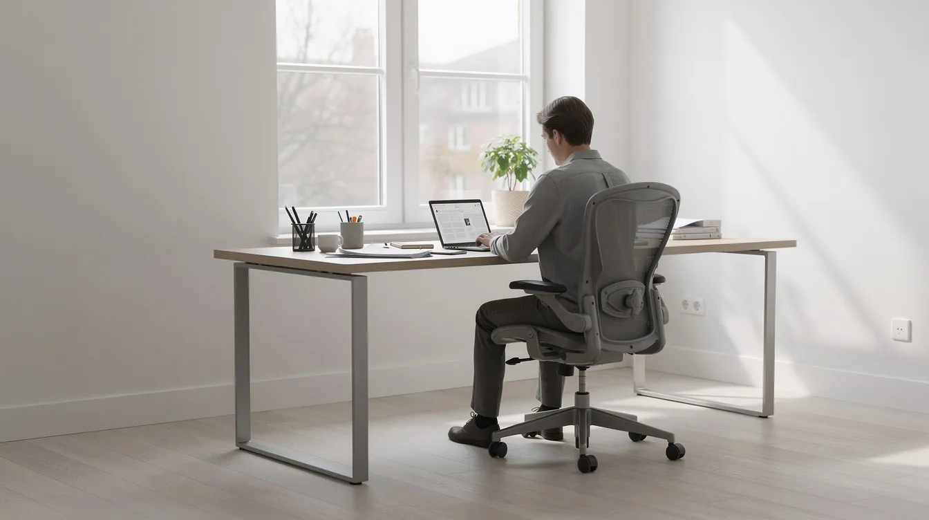 En person sitter bekvämt i en ergonomisk kontorsstol vid ett modernt skrivbord i ett ljust hemmakontor. Rummet är utformat för att erbjuda bra ergonomi och komfort under långa arbetsdagar.