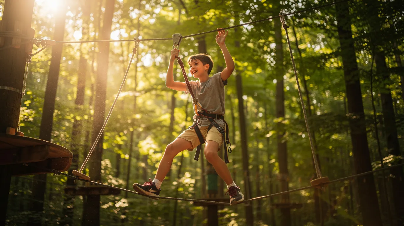 A teenager is engaged in an outdoor adventure activity, surrounded by lush green trees and bright sunlight, symbolizing personal growth and healing from childhood traumas. This moment reflects the importance of mental health and the journey of child trauma survivors as they navigate their path towards establishing fulfilling relationships and overcoming adverse childhood experiences.
