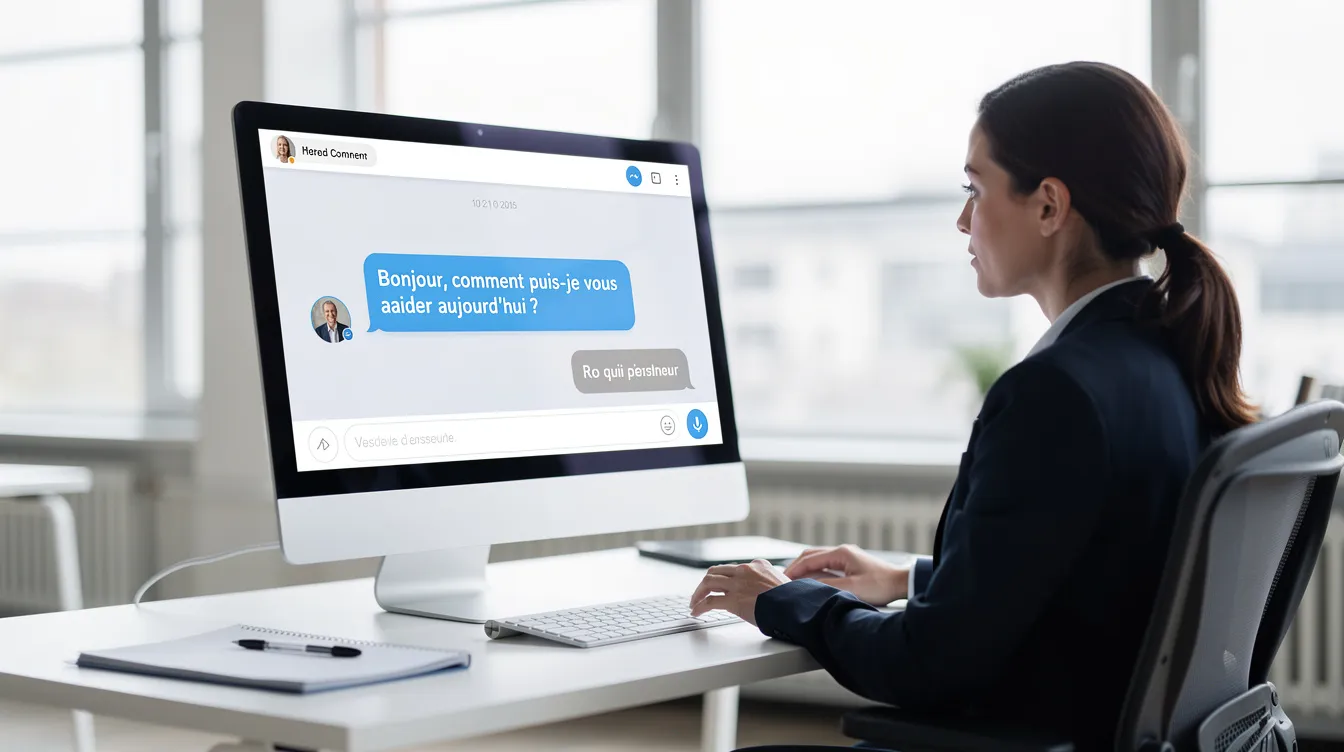 Un conseiller client est assis devant un ordinateur, avec une bulle de discussion affichée à l'écran, illustrant une interaction en cours avec un utilisateur. Cette scène évoque l'utilisation d'un chatbot pour améliorer l'expérience utilisateur dans le service client.