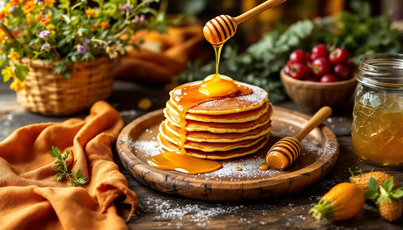 Delicious buckwheat pancakes served with honey.
