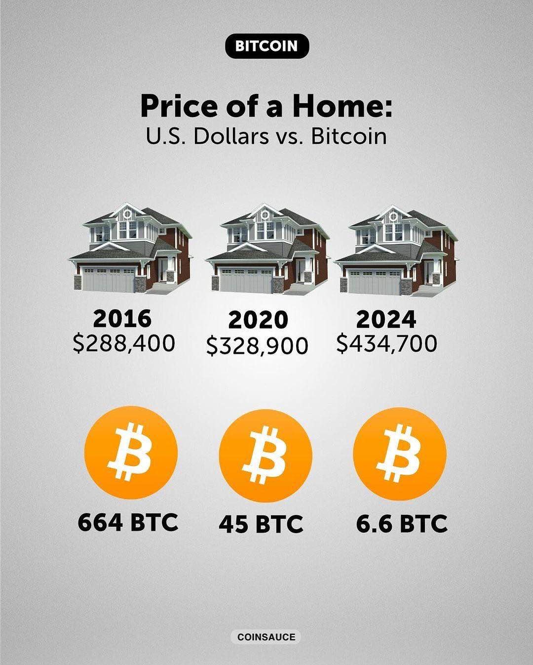 An illustration depicting the price of a home in US Dollars vs. Bitcoin. 