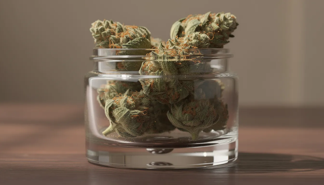 In der eleganten Glasdose auf dem Holztisch sind hochwertige Cannabis-Blüten sichtbar, die durch ihre frische und Qualität bestechen. Diese Blüten repräsentieren eine Auswahl an CBD-Produkten, die für ihre Wirkung und gesundheitlichen Vorteile geschätzt werden.
