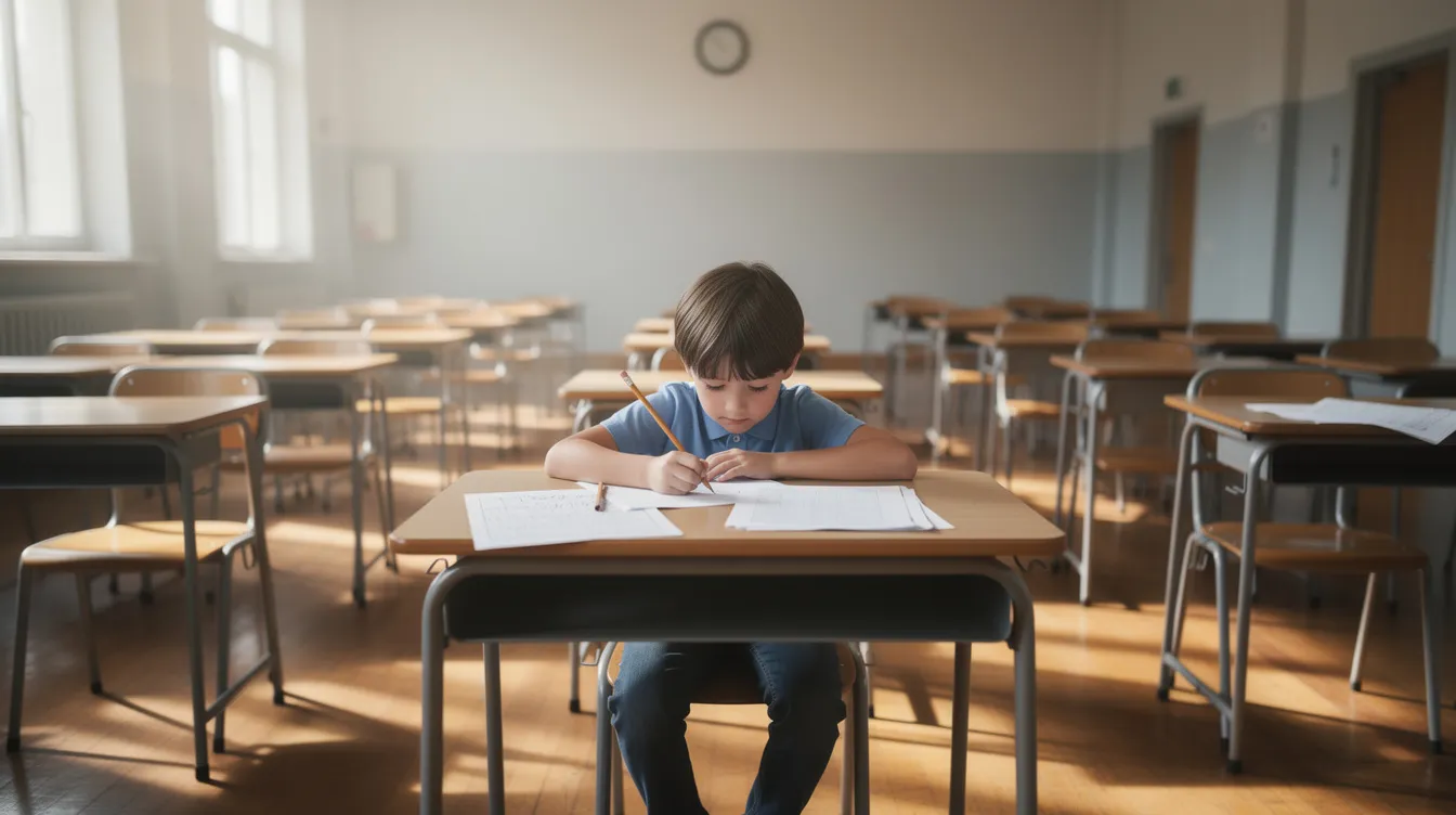 A focused child sits alone at a desk in a bright school hall, surrounded by empty desks and exam papers, displaying a mix of concentration and slight overwhelm as they face the challenges of the primary school leaving examination. This scene reflects the importance of effective classroom strategies in supporting students with attention difficulties during examinations.