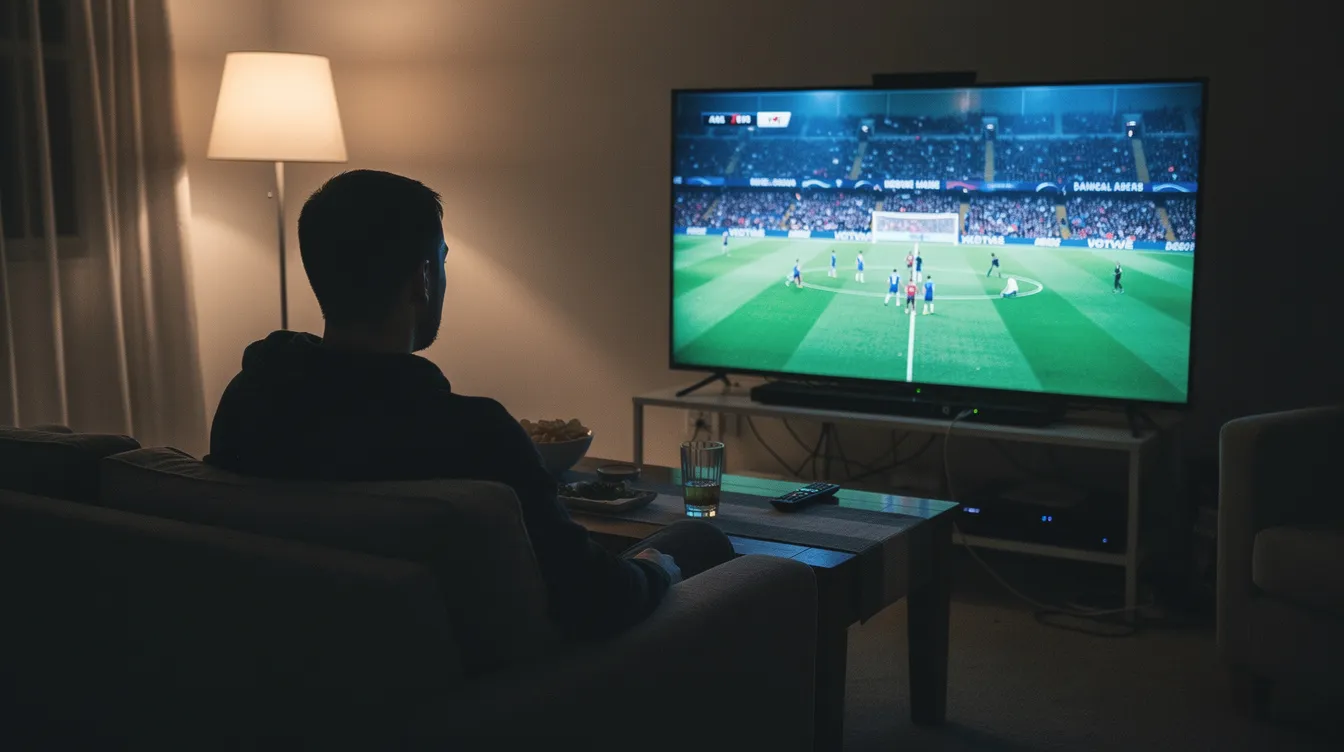 A person sits in a dimly lit room, focused on a live football match displayed on a widescreen television, enjoying the excitement of sports through their IPTV subscription. The atmosphere is cozy, enhanced by the high-quality streaming of live TV channels and international content.