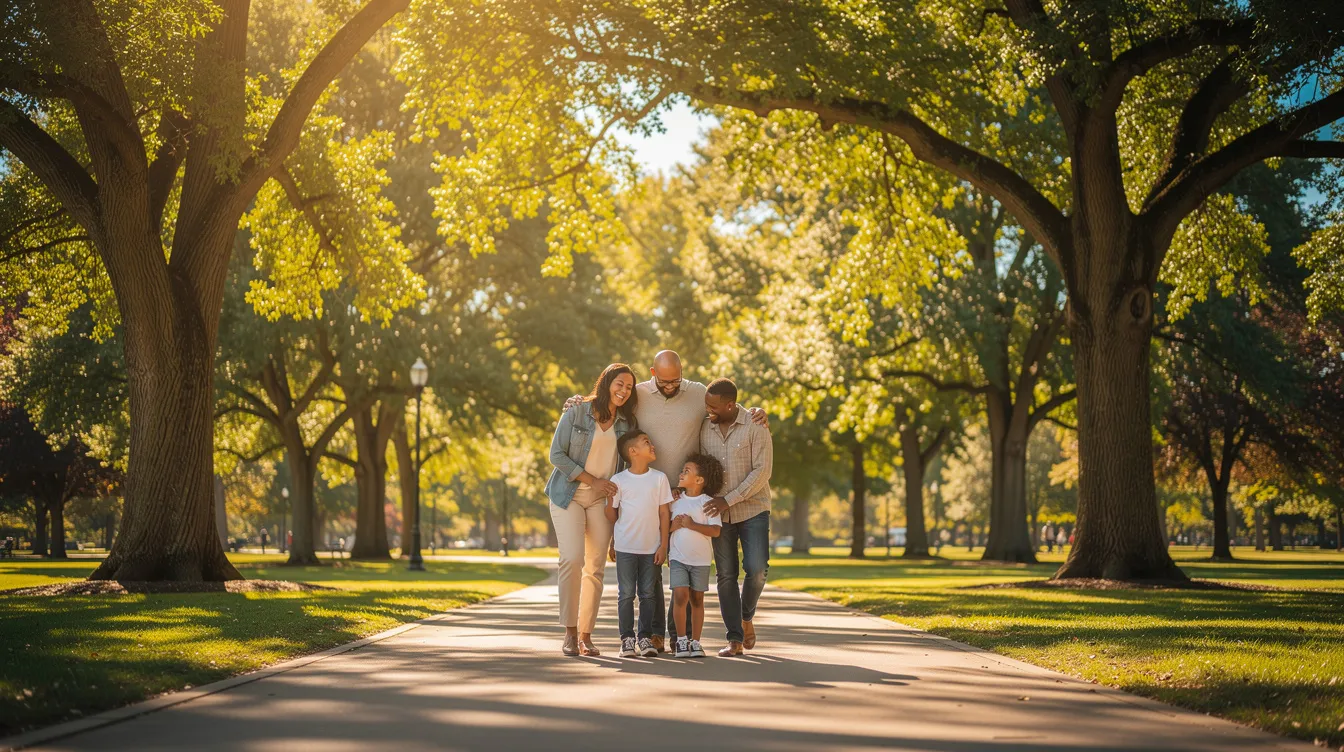 A family strolls together through a sunlit park, surrounded by tall trees, embodying supportive relationships and stability. This scene reflects the importance of personal relationships and healthier coping mechanisms in overcoming challenges, such as addiction and its associated personality traits.