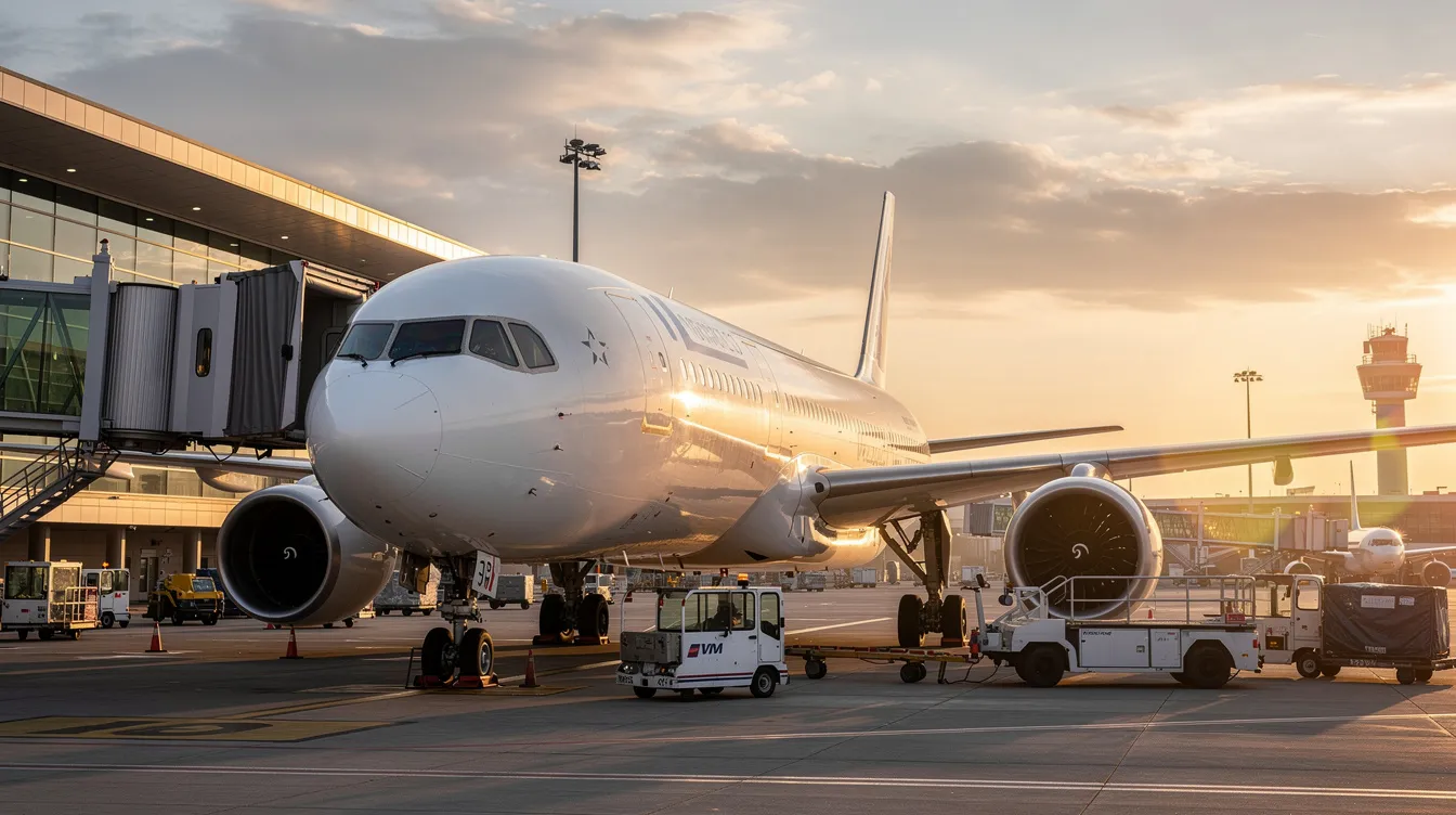 A wide-body commercial jet operated by United Airlines is parked at a gate at Newark Liberty International Airport during golden hour, casting a warm glow on its sleek fuselage. The scene captures the essence of air travel, highlighting the airline's major role in connecting cities across the world.