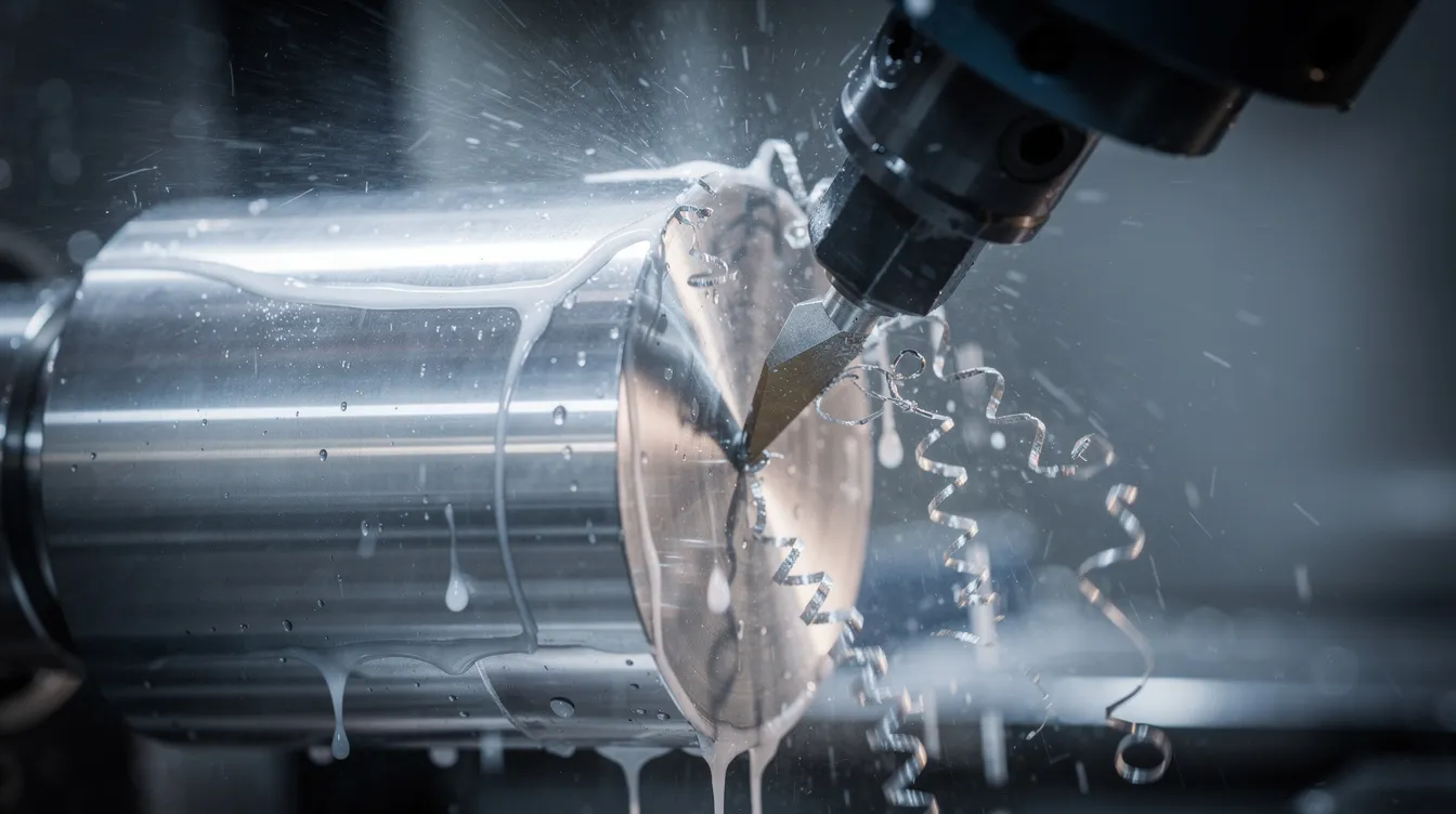 A close-up view of a CNC lathe showcases a shiny titanium cylindrical workpiece being machined, with high-pressure coolant spray visible to reduce heat generation and prevent tool wear. This machining process highlights the challenges of working with titanium, a sought-after material known for its corrosion resistance and strength in aerospace and medical applications.