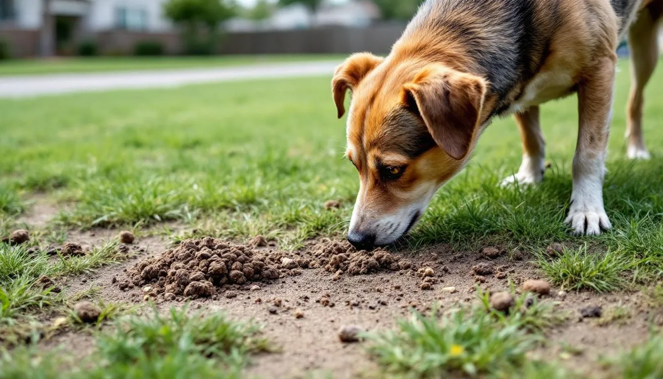 A curious dog is sniffing around a yard where various pet waste, including dog poop, is scattered across the grass. This behavior, often seen in dogs, can be linked to natural instincts or nutritional deficiencies, prompting some dogs to engage in poop eating.