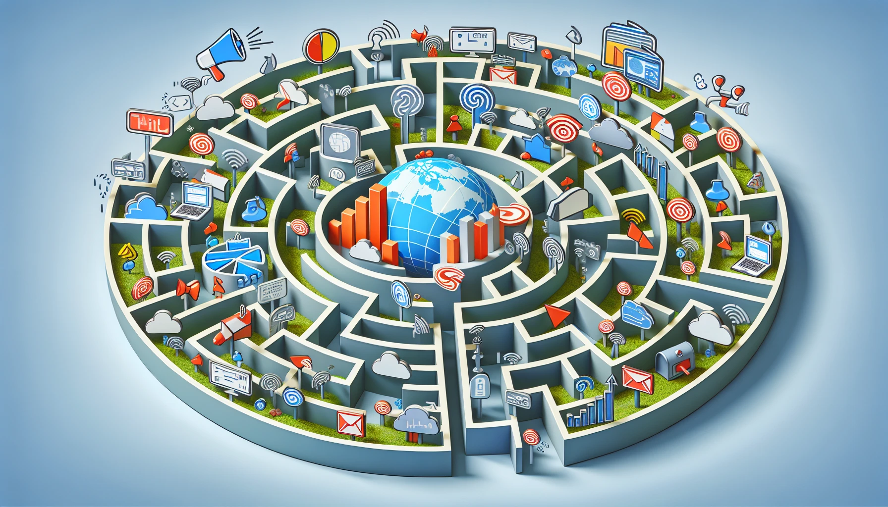 A maze with data sources and marketing channels symbolizing data integration challenges