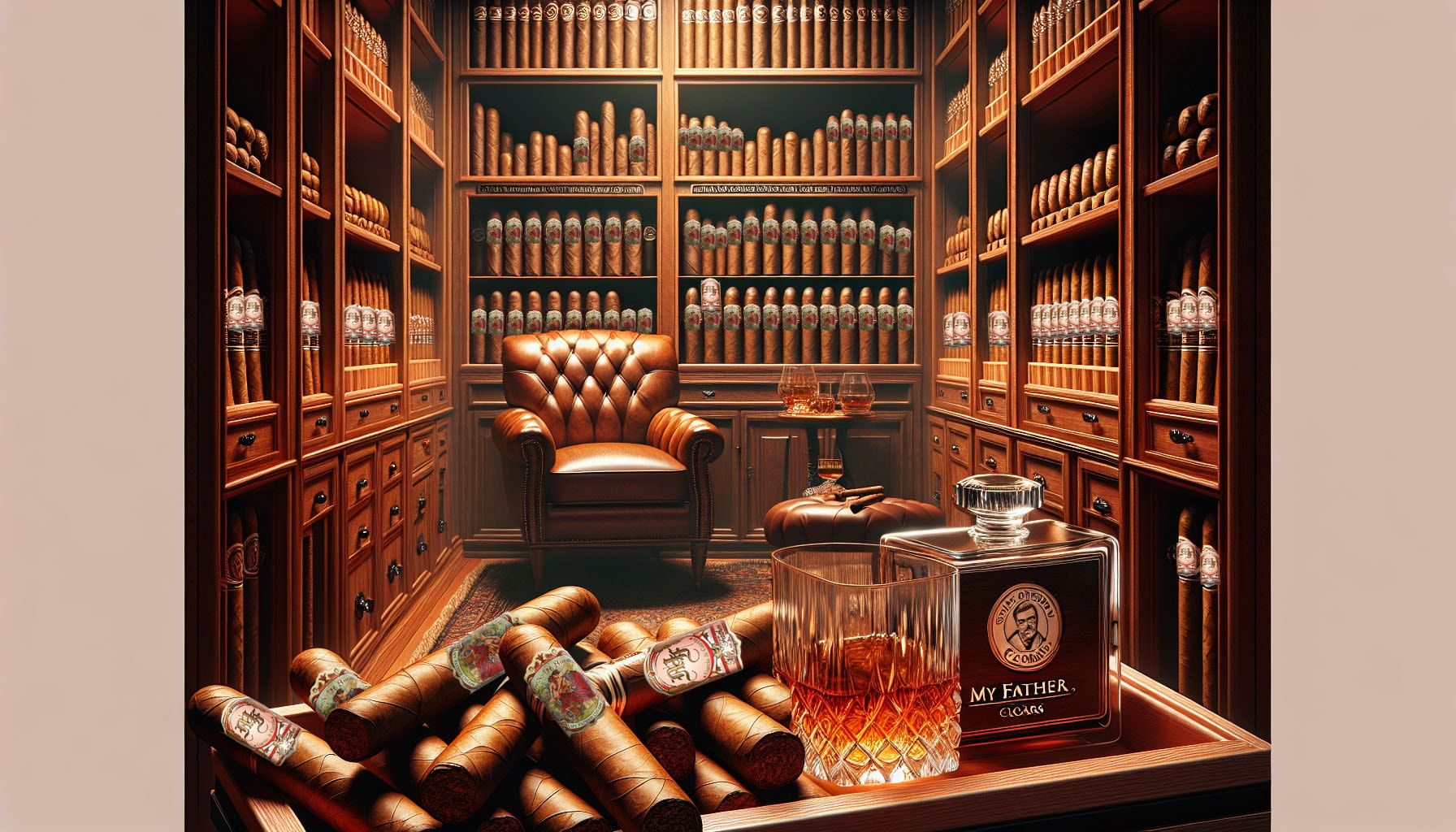 An artistic representation of how to store and enjoy My Father Cigars.