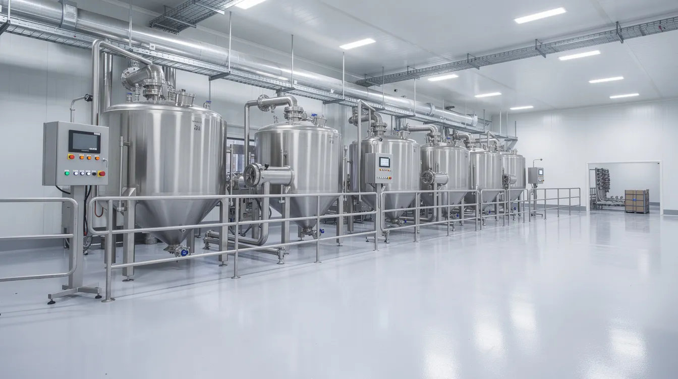 3290f2f4 5b5f 4d3a a9c3 8810f1f292ad The image depicts the interior of a clean food processing factory, showcasing stainless steel mixing equipment and storage hoppers, essential for the manufacturing process of wheat flour. This facility highlights the modern machinery and organized layout typical of a flour mill plant, emphasizing efficiency and quality in production.