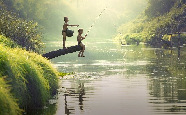 children, boys, fishing, Summer Fishing in the Lakes, Ponds and Puddles of Brown County Indiana