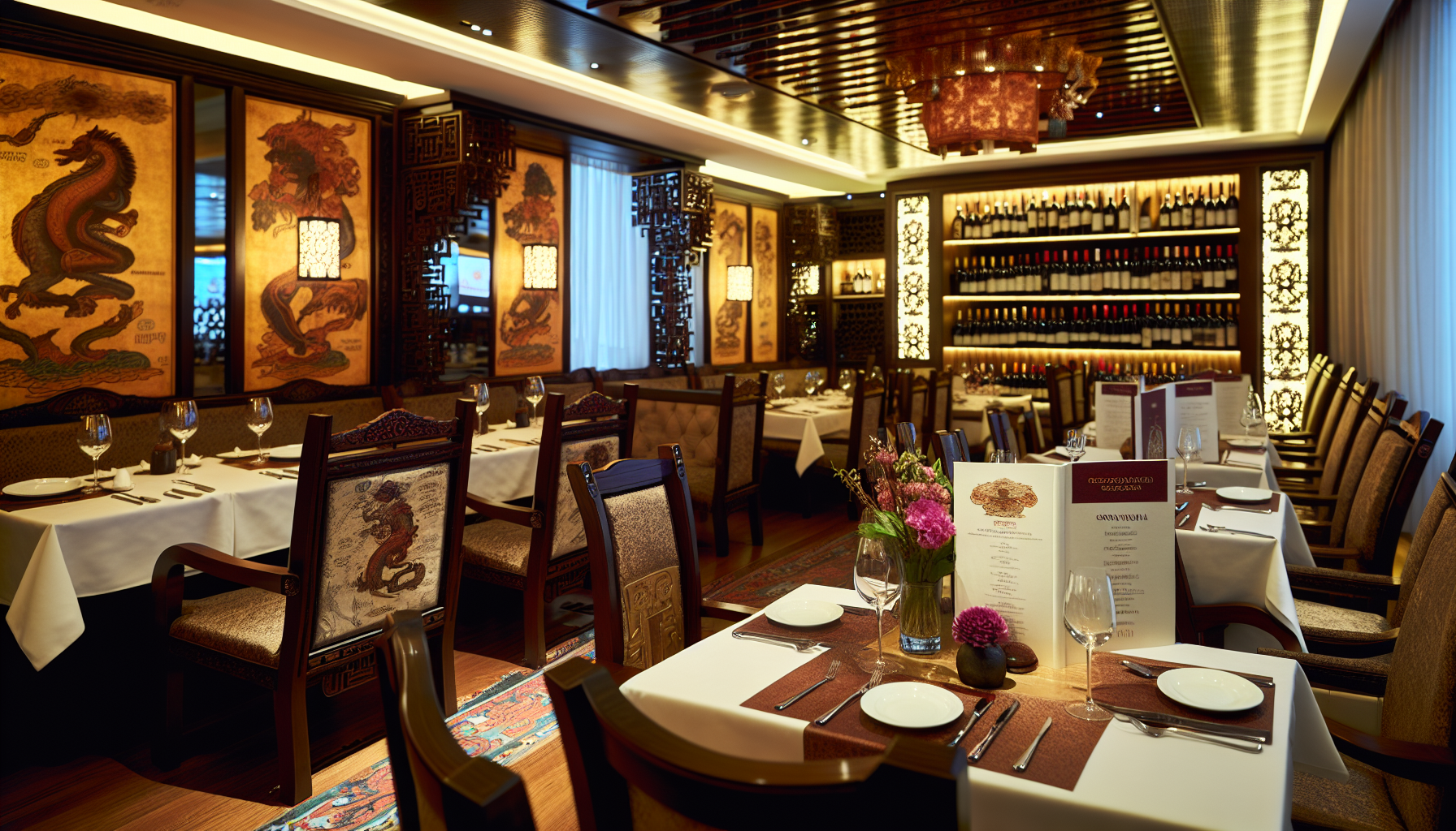 Elegant interior of an international restaurant with extensive wine menu