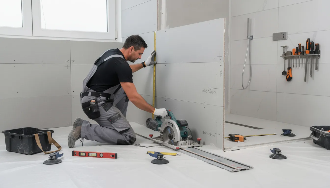 A professional installer is skillfully using specialized tools to cut and fit sleek bathroom wall panels, showcasing the process of a bathroom renovation. The scene emphasizes the easy installation of new shower fixtures and accessories, highlighting the transformation of the space.