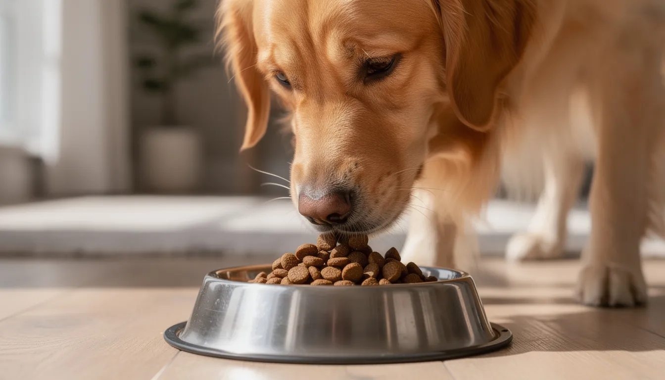 A golden retriever dog is happily eating high-quality kibble from a dog bowl, showcasing its playful personality and gentle nature. The dog, with its distinctive broad head and floppy ears, reflects the characteristics of the popular golden retriever breed, known for being excellent family dogs.