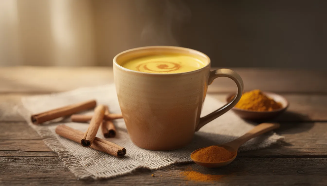 A warm mug of golden milk, infused with turmeric and cinnamon, sits on a cozy table setting, highlighting the vibrant yellow color of turmeric, known for its antioxidant properties and potential health benefits. This comforting drink, often associated with the curcumin revolution, offers natural support for reducing inflammation and may aid in managing conditions like rheumatoid arthritis.