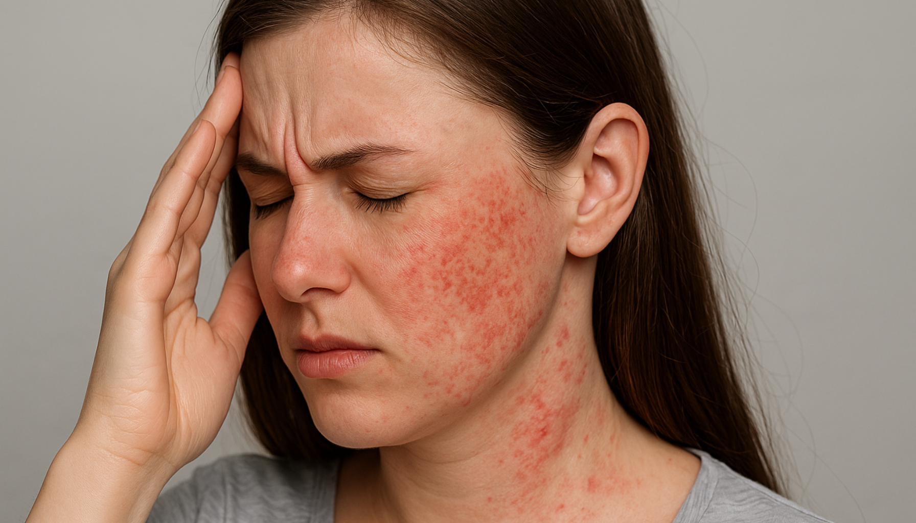 Kvinne med stressutslett i ansikt og på hals som viser kroppens reaksjon på stress.