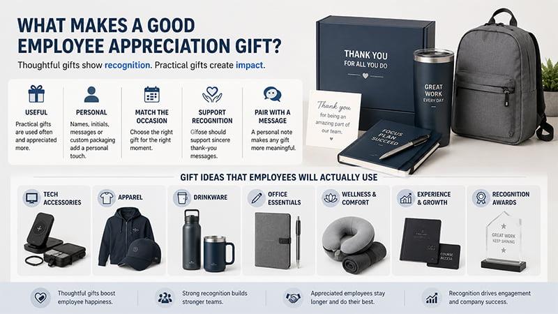 Employee appreciation gift infographic showing useful, personal, occasion-matched and recognition-focused gift ideas for HR teams