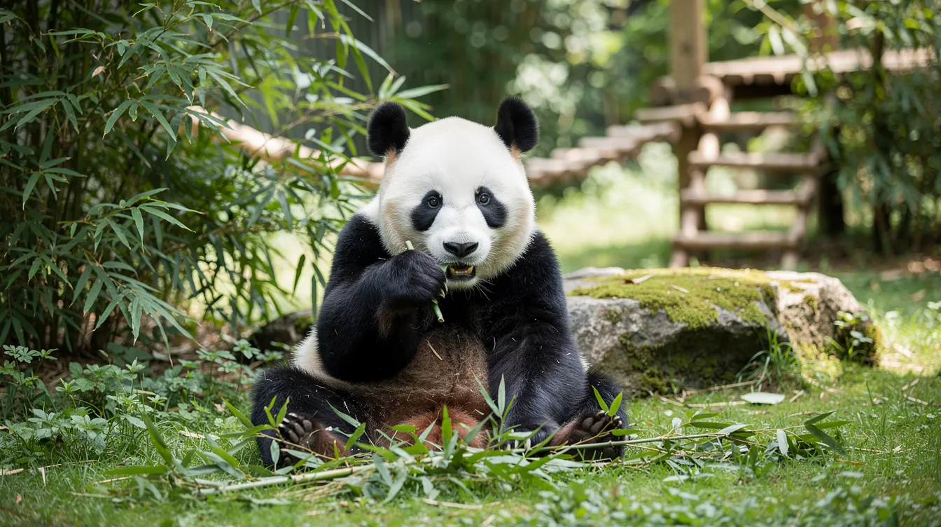 Een schattige reuzenpanda zit in een groen dierenverblijf, omringd door weelderige planten en bamboe. Het dier lijkt ontspannen terwijl het geniet van zijn omgeving, wat een mooi voorbeeld is van de natuur in Ouwehands Dierenpark in Rhenen.