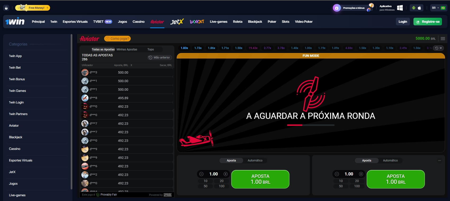 Aviator no site do 1Win, multiplicadores aparecem no topo da tela demonstrando as vitórias. 
