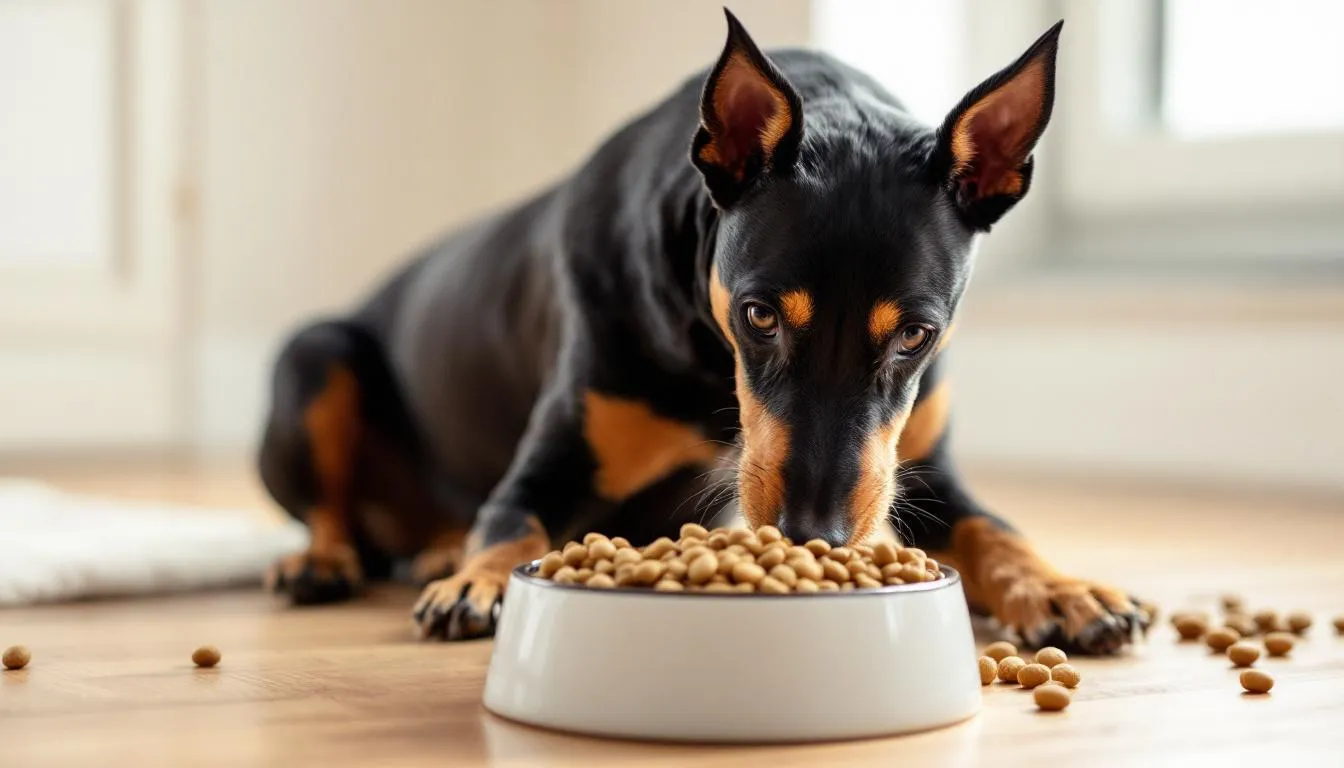 A Manchester Terrier is enjoying a meal from a dog bowl filled with high-quality dog food, showcasing its sleek black and tan coat. This small dog, known for its energetic and playful nature, embodies the true terrier spirit while indulging in a nutritious meal.