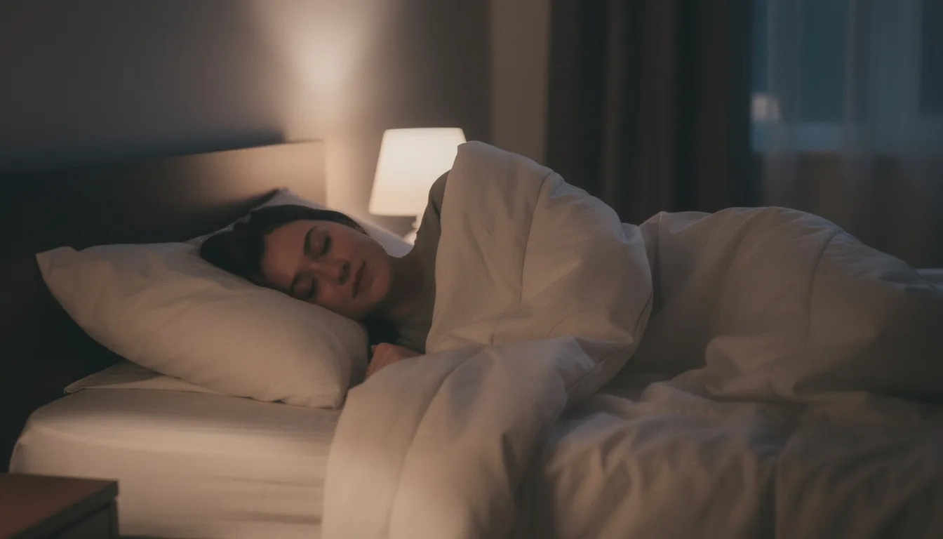 Eine Person schläft friedlich in einem bequemen Bett, umgeben von gedämpftem Licht, das eine entspannende Atmosphäre schafft. Diese Szene könnte die Wirkung von Cannabinol (CBN) und dessen potenzielle Vorteile für einen erholsamen Schlaf widerspiegeln.