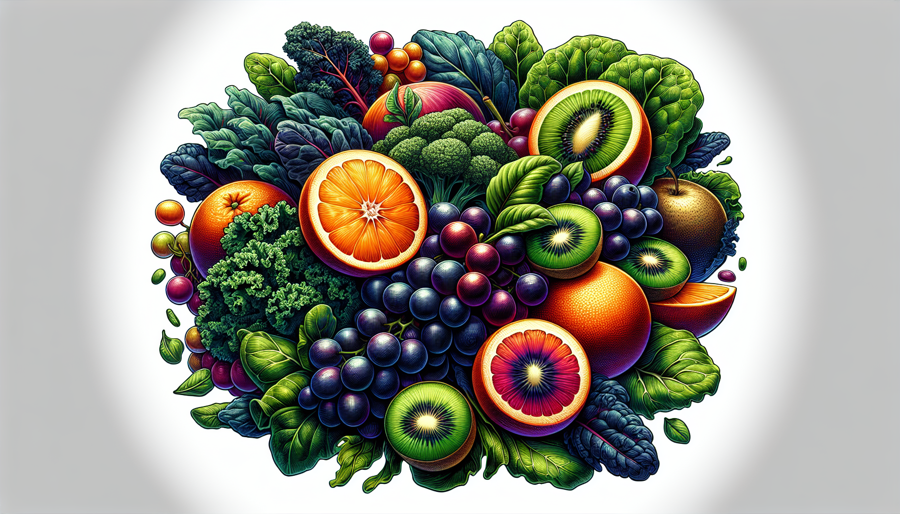 Illustration of colorful fruits and dark leafy greens