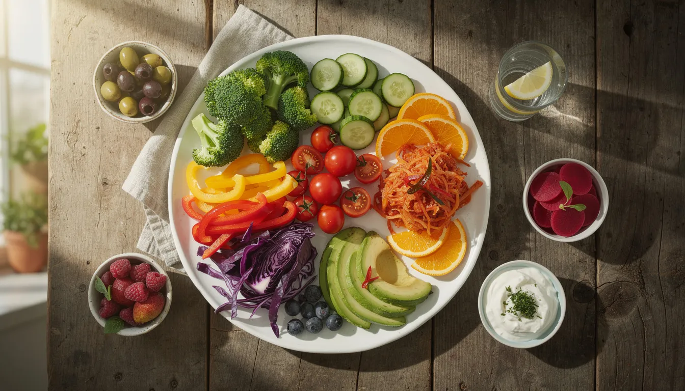 The image features a vibrant assortment of fresh vegetables, fruits, and fermented foods beautifully arranged on a kitchen table, promoting gut health and a balanced gut microbiome. This colorful display highlights the importance of nutrient absorption and beneficial gut bacteria for overall well-being, especially during pregnancy.