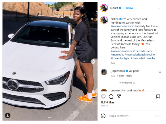 College athlete Rickea Jackson posing next to a white Mercedes-Benz, celebrating her NIL partnership with Mercedes-Benz Knoxville.