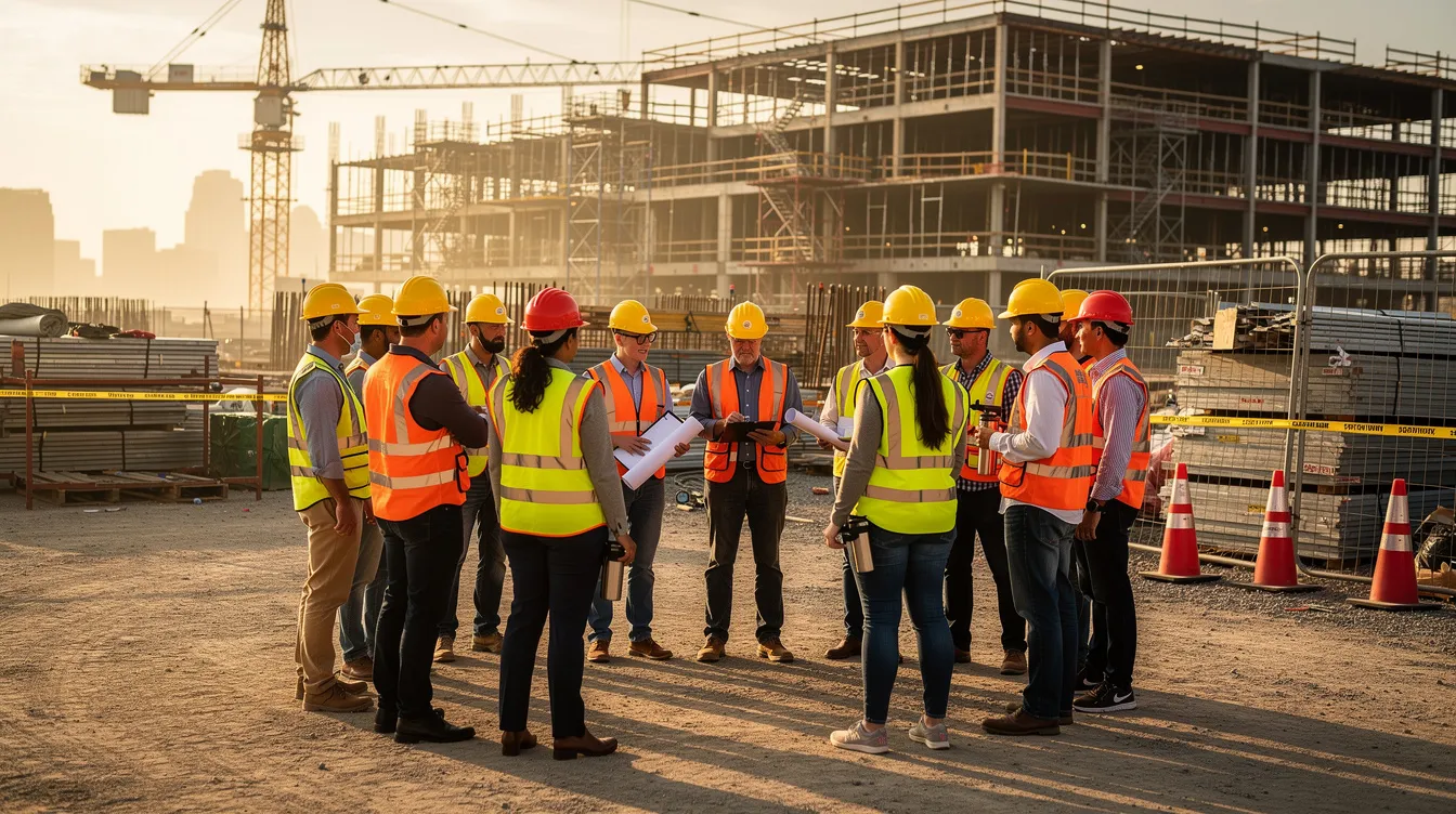 Construction workers gather for a morning safety huddle on a commercial jobsite, highlighting jobsite communication, worker well-being, and mental health awareness.
