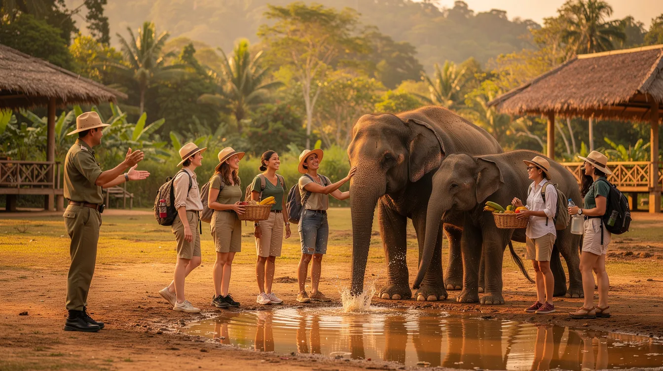 Um grupo de turistas visita um santuário de elefantes na Tailândia, interagindo com os animais em um ambiente natural. O sol brilha no céu, enquanto as pessoas demonstram carinho e cuidado, criando uma conexão especial com os elefantes nesse lugar único e encantador.