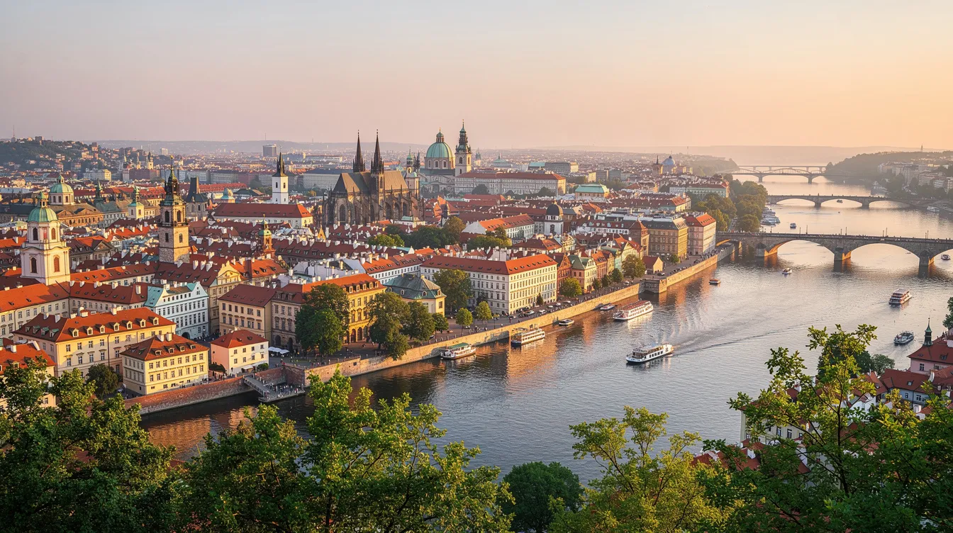 The image showcases the picturesque skyline of Prague, featuring iconic red rooftops and the serene Vltava River flowing through the city. This view highlights the charm of the Czech Republic, a major city in Central Europe, known for its rich history and stunning architecture.