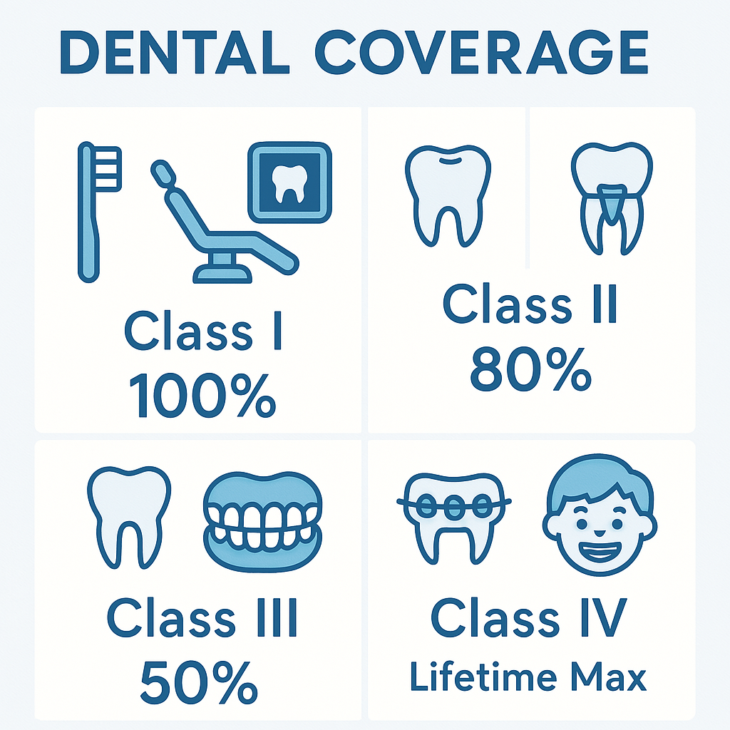 The image features a clean infographic illustrating the four classes of dental services, with icons representing preventive services like a toothbrush and dental chair for Class I, restorative symbols such as tooth fillings for Class II, major services like crowns for Class III, and braces on a smiling child for Class IV. Each section includes typical coverage percentages, set against a light blue and white background that conveys a professional dental care theme.