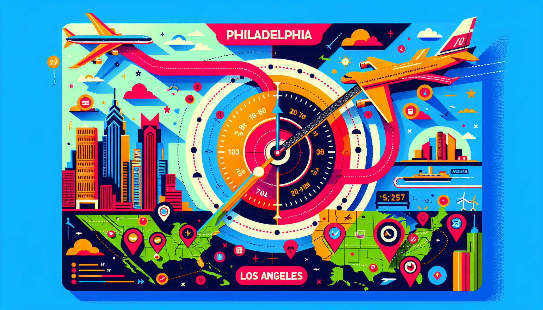 An illustration showing the average flight time from Philadelphia to Los Angeles.