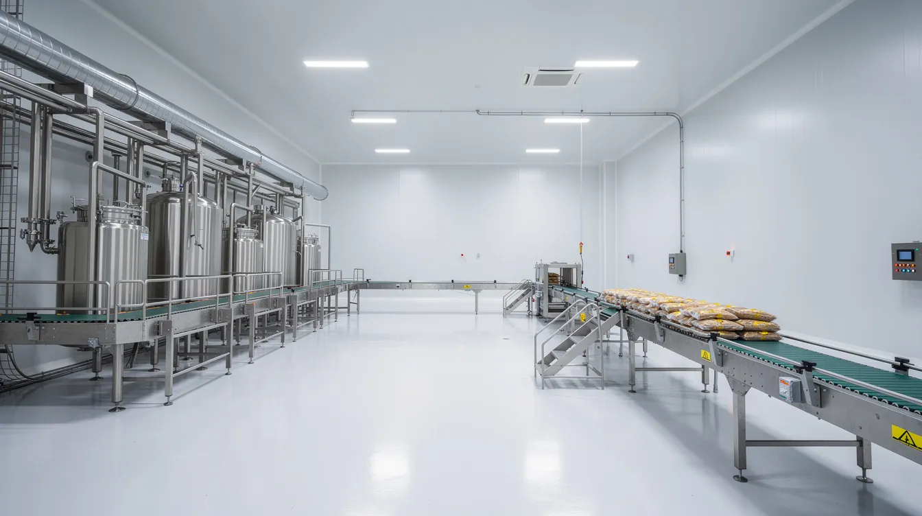 The image depicts the interior of a clean food processing facility, featuring stainless steel equipment, pipes, and conveyor systems designed for the production of plant-based proteins, such as pulse protein and pea protein. This industrial environment reflects the growing demand for sustainable protein sources and innovative food applications in the food industry.