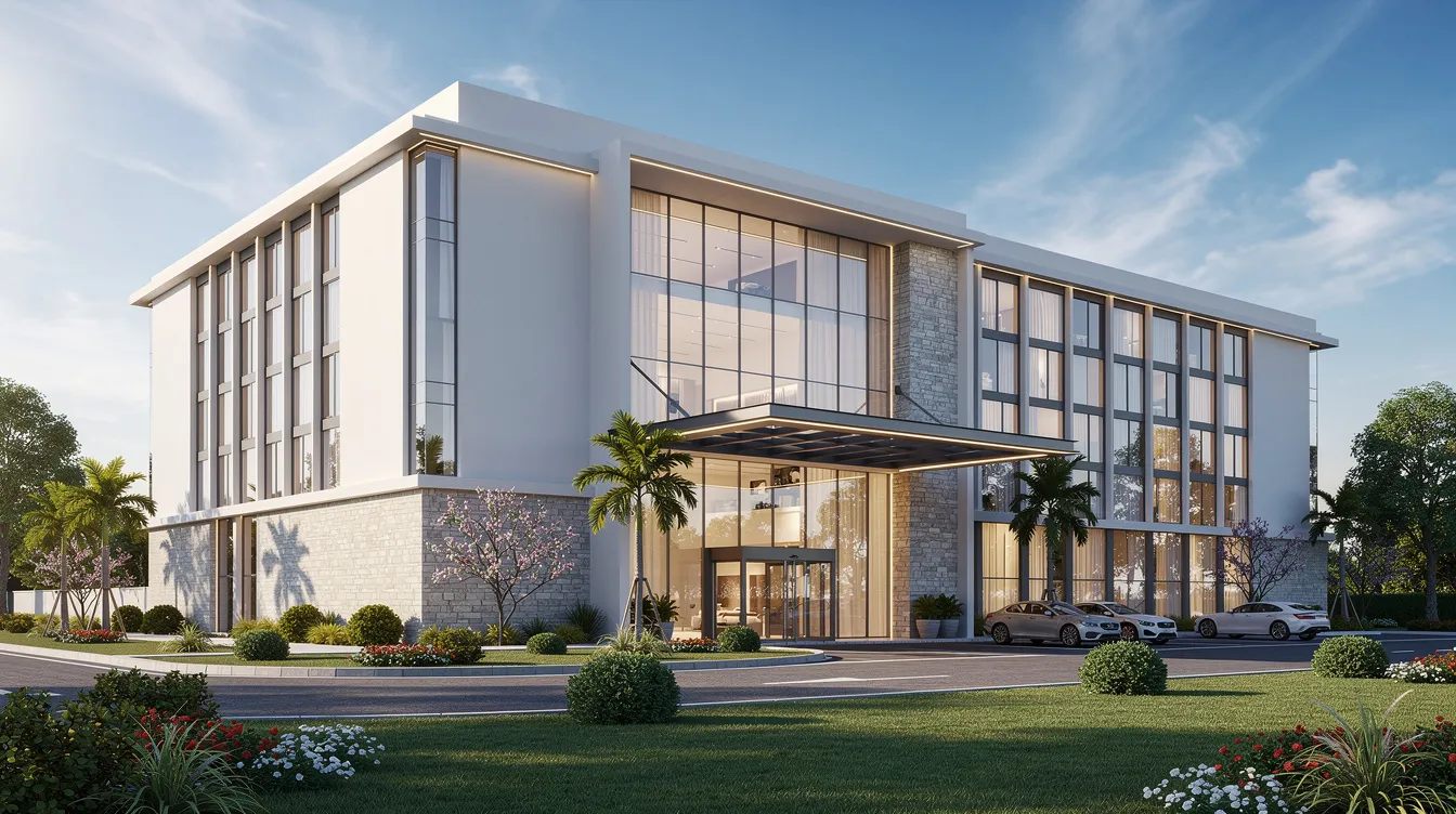 The image depicts a modern hotel building with a sleek design, surrounded by well-maintained landscaping and set against a bright blue sky, reflecting the hospitality industry's focus on guest experiences and business growth. This hotel may be seeking a hotel business loan to finance its construction and operations, showcasing the importance of loan applications and credit history in the hotel business.
