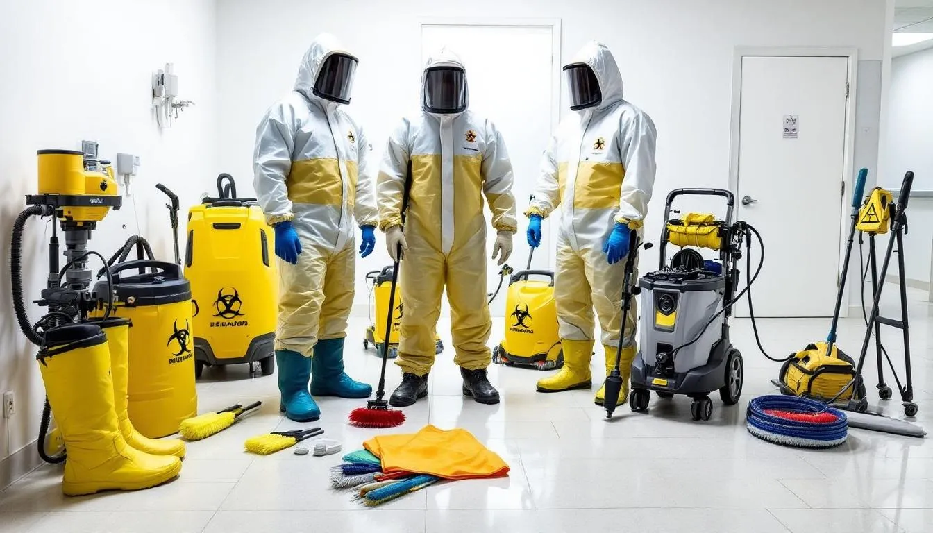 The image showcases specialized biohazard cleanup equipment, including protective suits and industrial cleaning tools, essential for handling crime scene cleanup and emergency biohazard cleanup services. This professional service is designed to ensure safety and proper decontamination in biohazard situations, particularly in the Atlanta area.