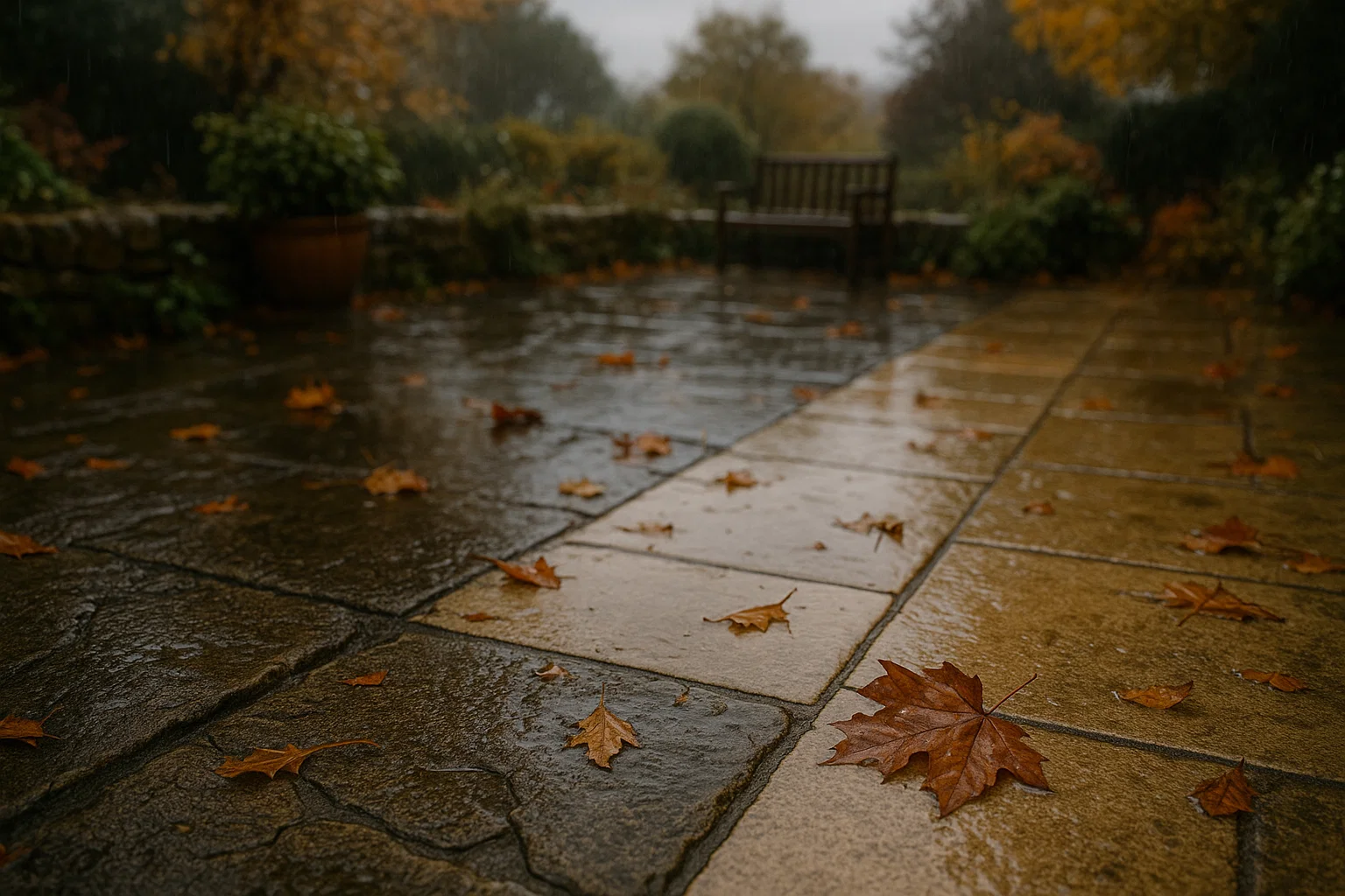 Cracked and stained paving slabs beside weather-resistant natural stone in a damp Derbyshire garden.