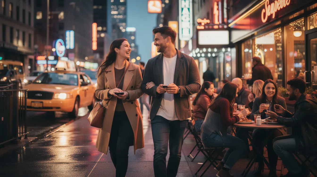 The image depicts a cozy coffee shop in New York City, where a couple is enjoying their first date, engaged in deep conversation. The vibrant NYC dating scene is evident, showcasing the emotional energy and hope for meaningful connections amidst the bustling atmosphere of the city.