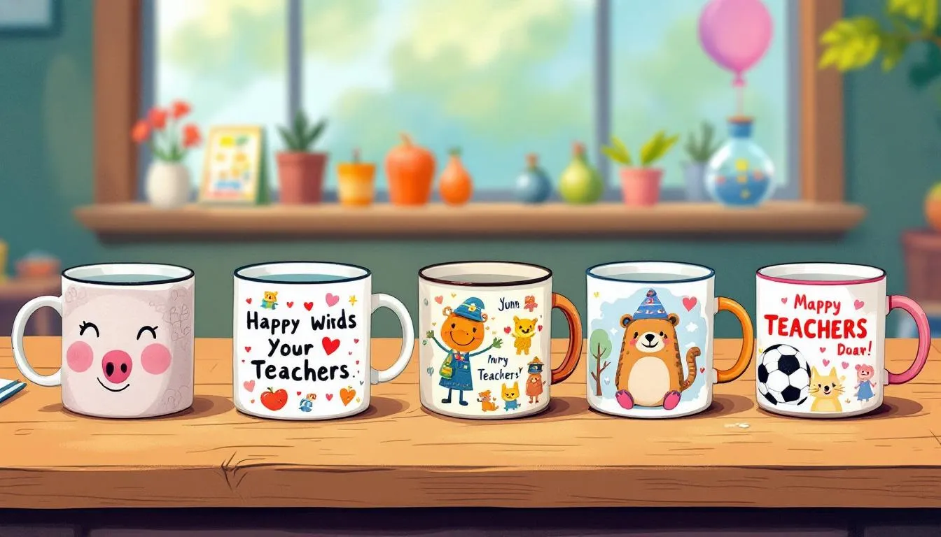 A collection of personalized mugs showcasing unique designs and colors, perfect as handmade gifts for teachers from kids.