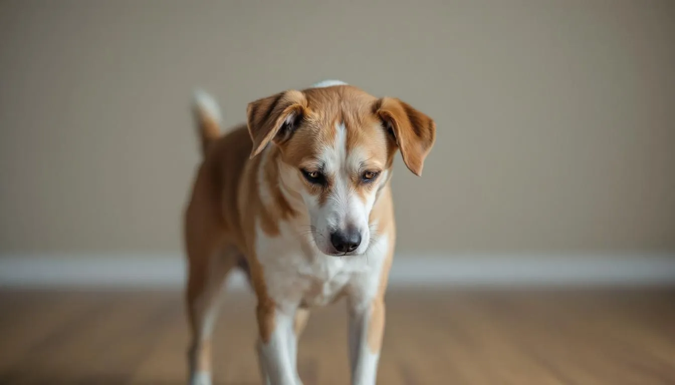 A dog with its ears pinned back against its head displays signs of anxiety or submission, indicating its feelings through body language. The dog's lowered tail and soft eyes further emphasize its nervous state, showcasing a moment of vulnerability.