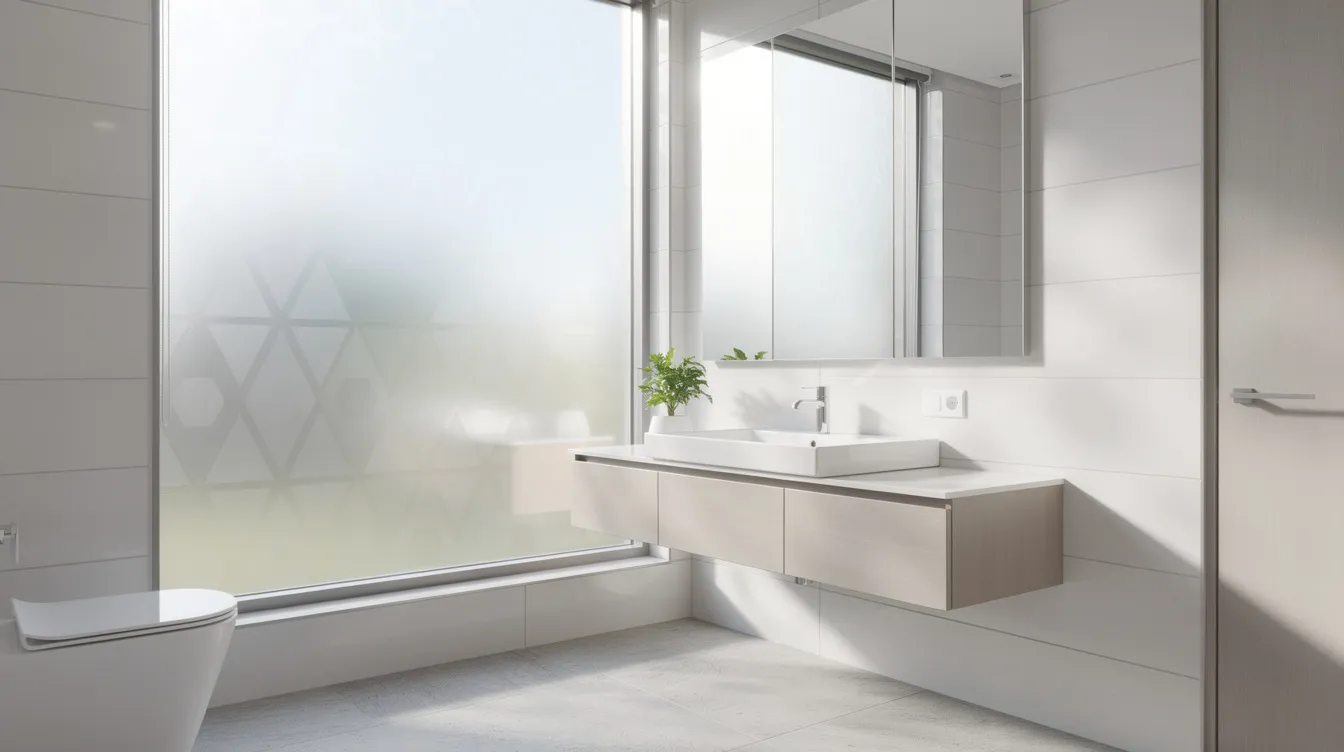 The image depicts a bright bathroom featuring geometric frosted window film on the glass, which creates a soft, diffused light while enhancing privacy. This stylish privacy window film allows natural light to enter while reducing glare and maintaining a serene atmosphere in the space.