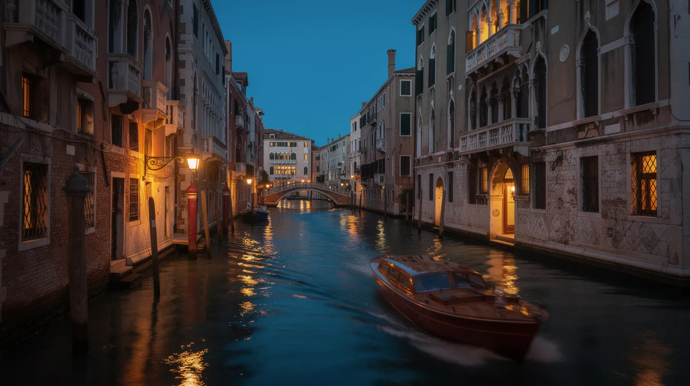 The image depicts an enchanting evening view of a Venice canal, where historic buildings are illuminated, reflecting their beauty in the water, alongside a water taxi gliding through. This picturesque scene captures the essence of Venice, a city rich in history and culture, perfect for music lovers attending concerts and festivals in July 2026.