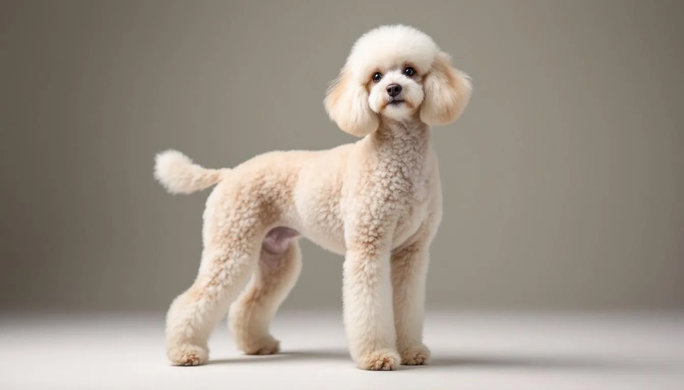 A miniature poodle stands proudly in a show position, showcasing its distinctive breed characteristics such as a well-groomed coat and floppy ears. This intelligent and active dog, often considered an ideal family pet, exudes charm and elegance typical of miniature poodles.