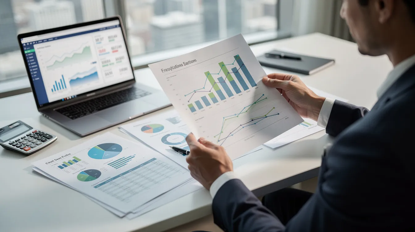 A person is seated at an office desk, intently reviewing financial documents and charts, which likely contain important information for 中小企業. The scene suggests a focus on the latest updates and revisions relevant to business support and operations.