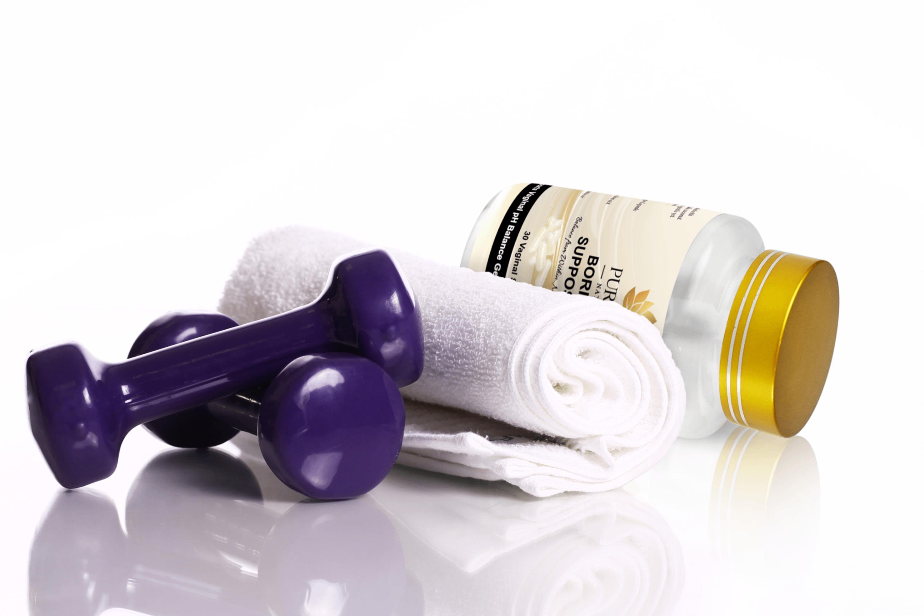 30 count bottle displayed alongside gym essentials like water bottle and towel