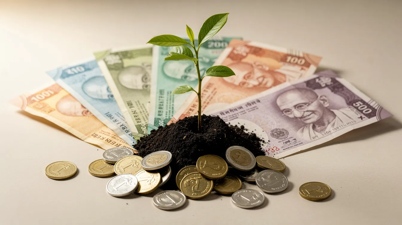 The image features Indian rupee currency notes and coins artistically arranged around a small plant emerging from soil, symbolizing the concept of business investment and growth. This visual representation highlights the potential of small business ideas in India and the importance of nurturing financial resources for a successful future business.