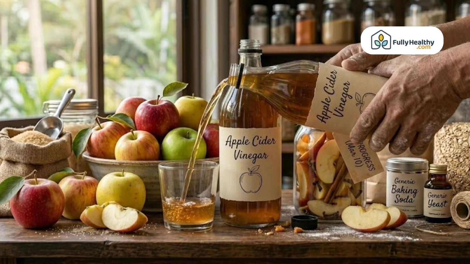 Refilling apple cider vinegar bottle over glass with apples