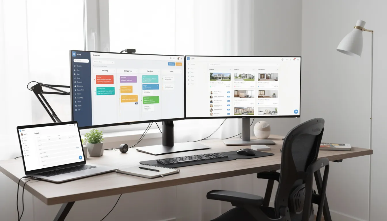 A modern home office setup featuring multiple computer screens displaying project management dashboards and real estate CRM interfaces, designed for real estate professionals. This workspace is optimized for managing administrative tasks, client communications, and transaction coordination, allowing real estate agents to focus on high-value activities and building client relationships.