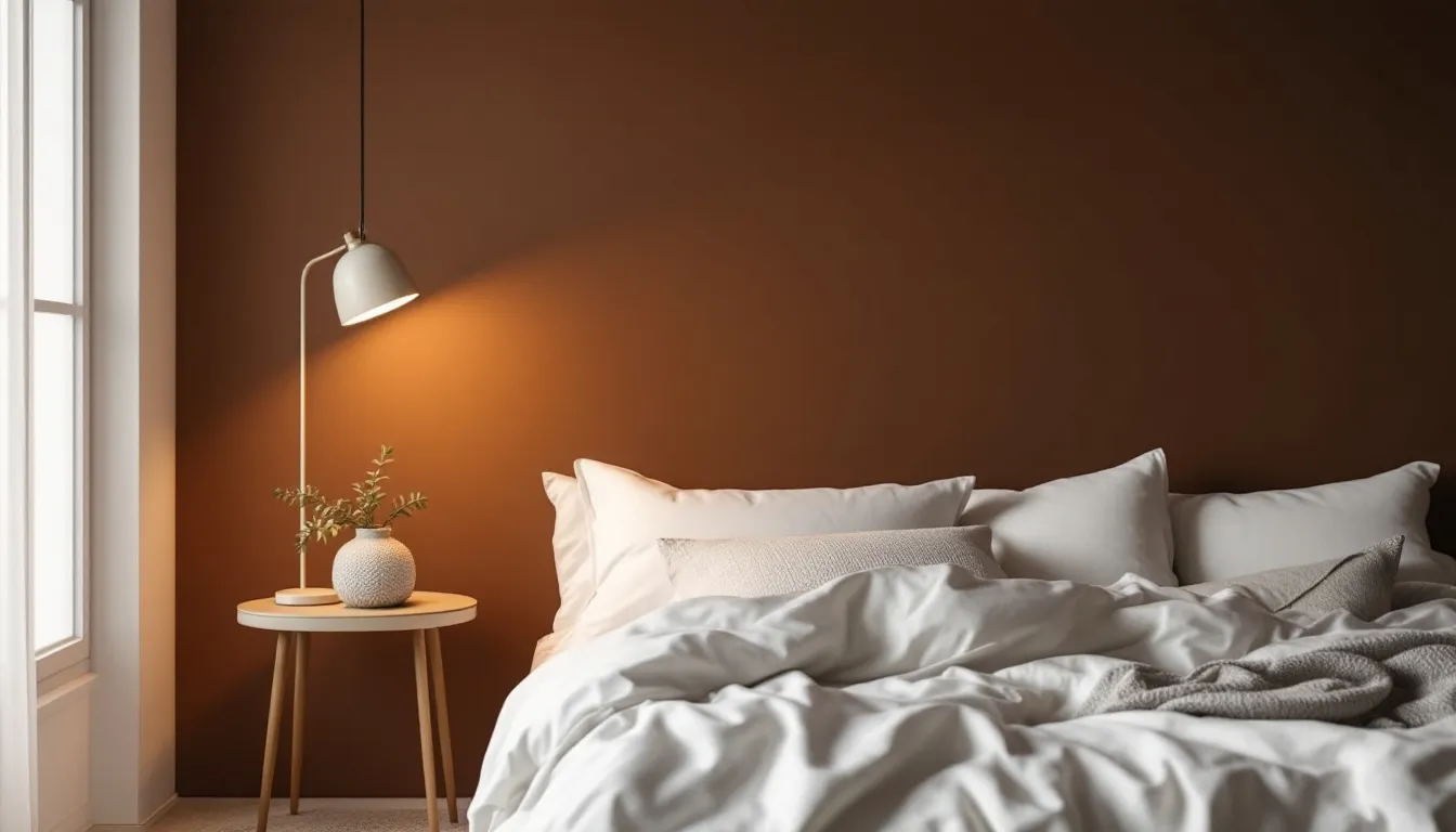 In a cozy bedroom, an Urbane Bronze accent wall complements the white bedding, creating a warm and inviting atmosphere enhanced by soft lighting. The space radiates comfort, making it an ideal retreat for rest and relaxation.